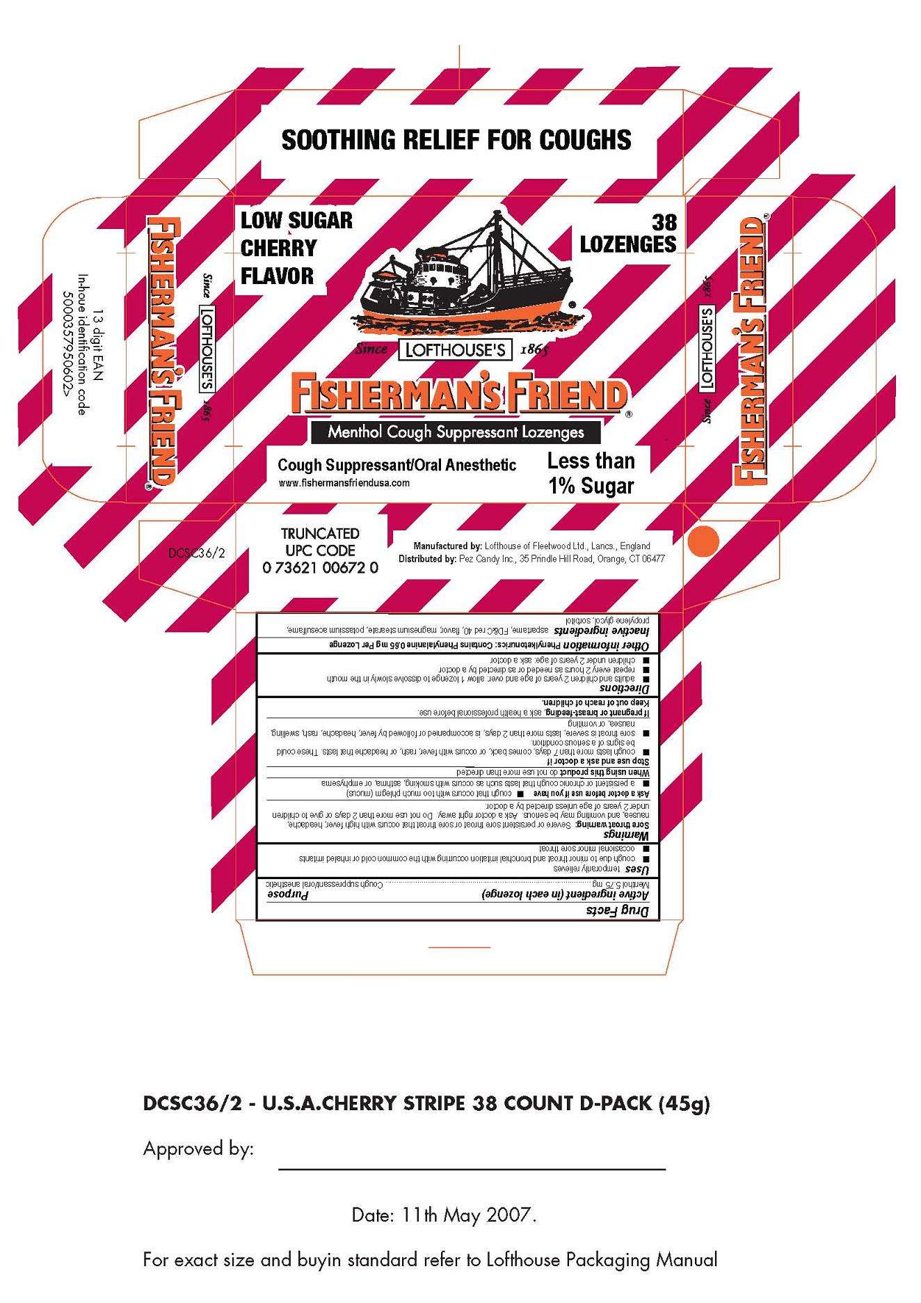 Low Sugar Cherry Flavor Fishermans Friend Menthol Cough Suppressant